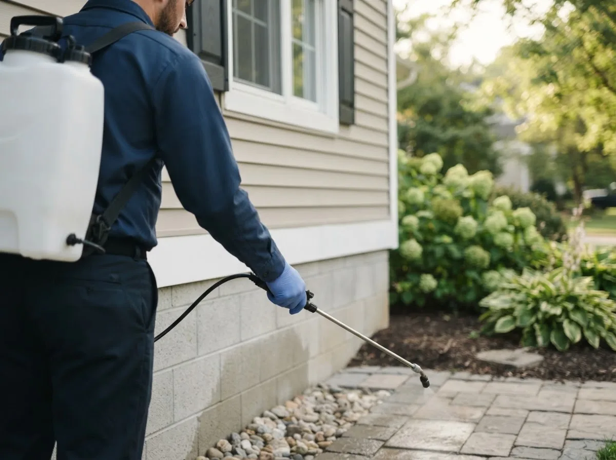 Pest control technician inspecting a home in Easton, ME